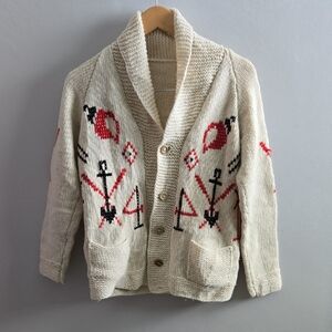 Vintage Knit Cardigan Cream Red and Black Size Small